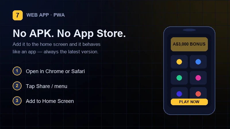 Lucky7even web app added to an Android home screen for mobile pokies